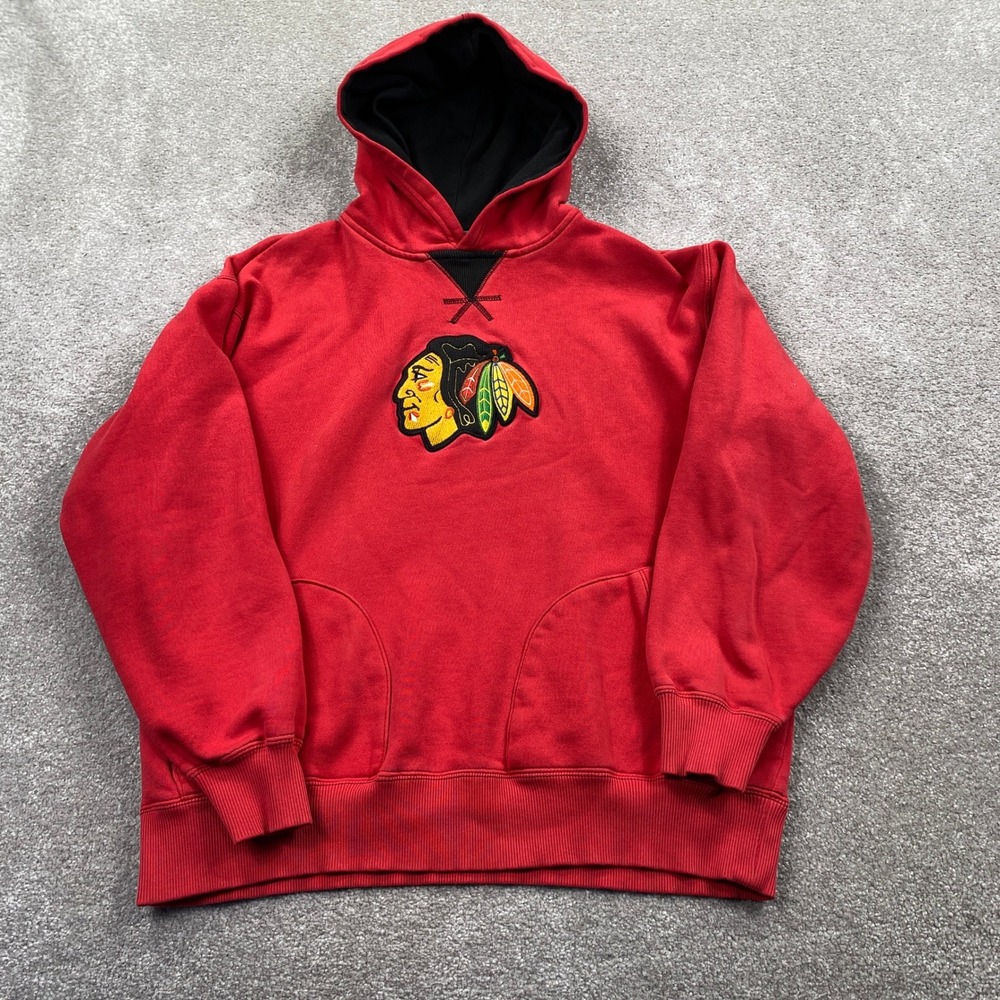 NHL Chicago Blackhawks Hoodie Mens Medium Red Embroidered Pullover Sweatshirt